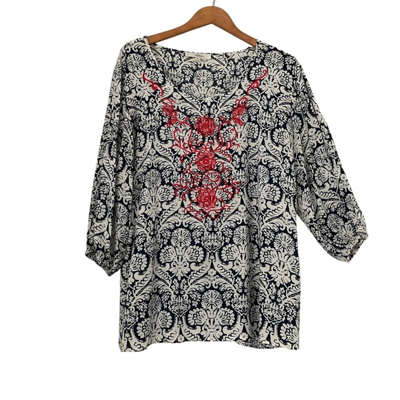 Solitaire Blouse XL Red White Blue Embroidered Lightweight Boho Peasant - Picture 1 of 9
